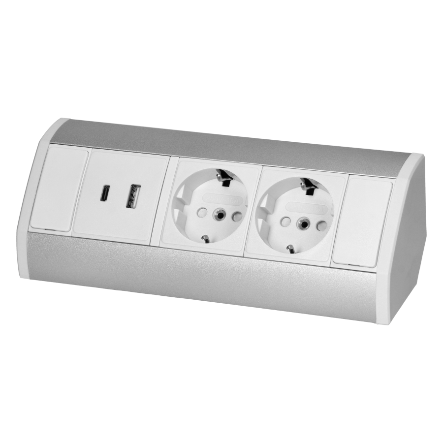 Furniture socket 2x2P+E (Schuko), 2xUSB (A+C type, 2.4A), white-silver