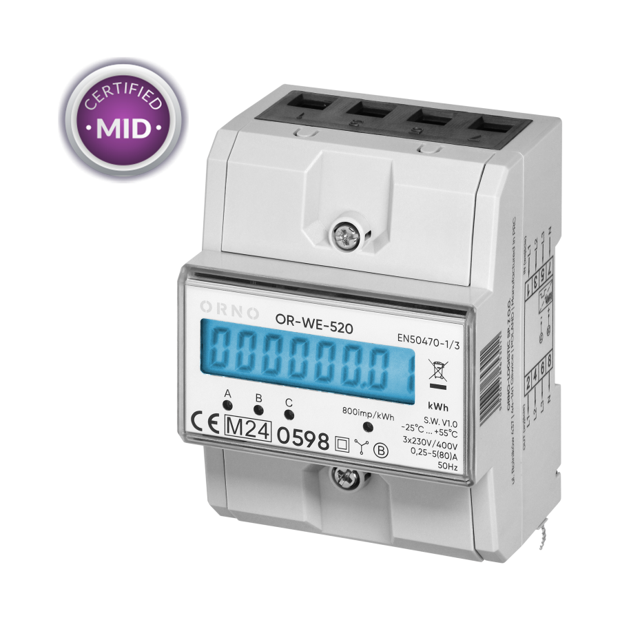 3-phase energy meter with MID, 80A, 3 modules, DIN TH-35mm