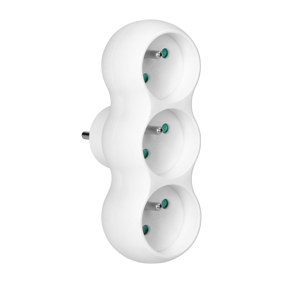 Rounded socket splitter 3x2P+E with central plug, white