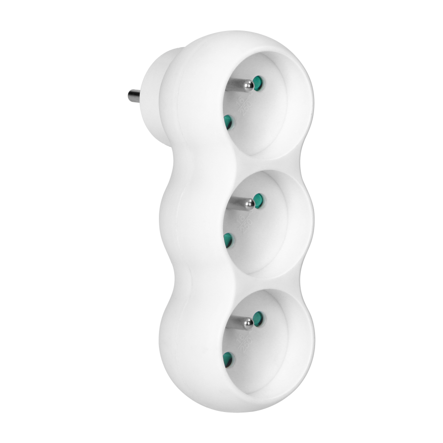 Rounded socket splitter 3x2P+E with plug on top, white