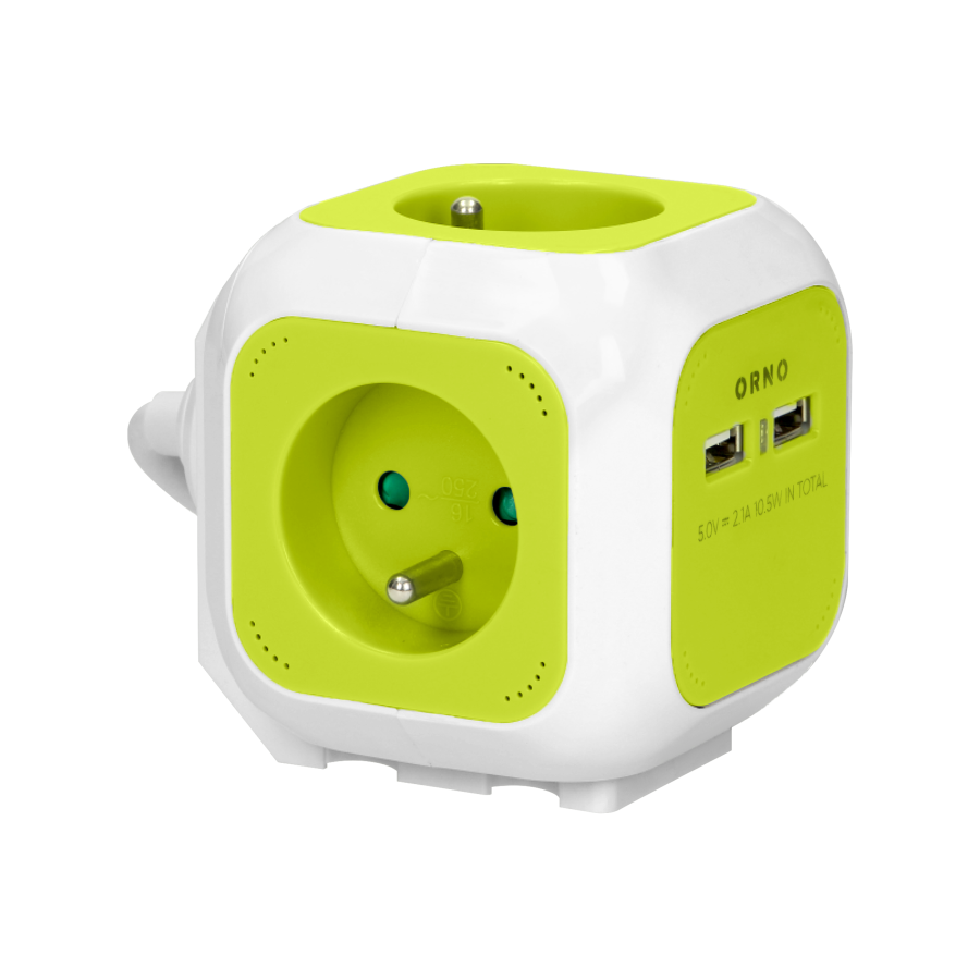 Extension sockets, 4 E-type sockets,  2 x USB charger, 1.4 m cable, lime