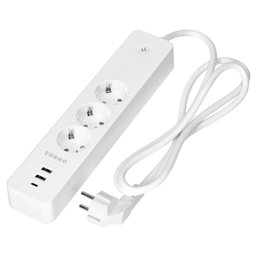 Tuya Smart Wi-Fi extension socket, 3-Schuko sockets with switch, 2x USB, white