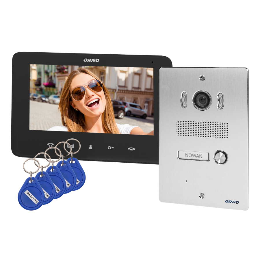  Video doorphone set, handset-free with multicolor 7" LCD screen, proximity tags reader and intercom function,...