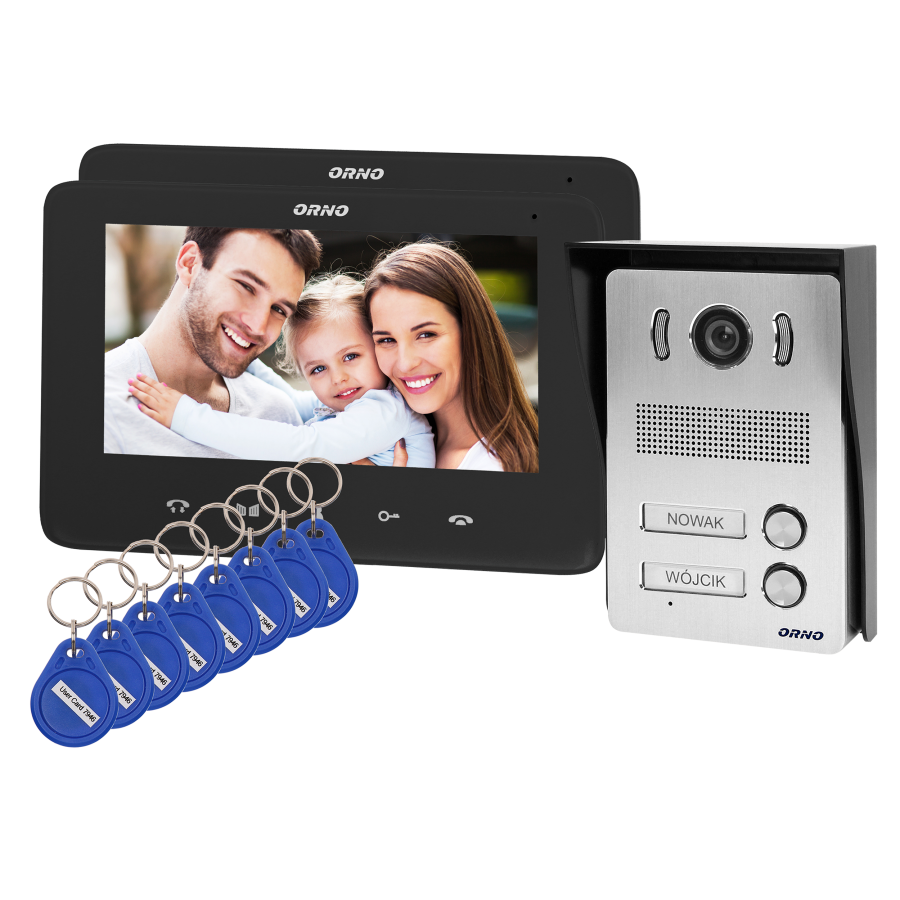  Two-family video doorphone set, handset-free with multicolor 7" LCD screen, proximity tags reader and intercom function,...