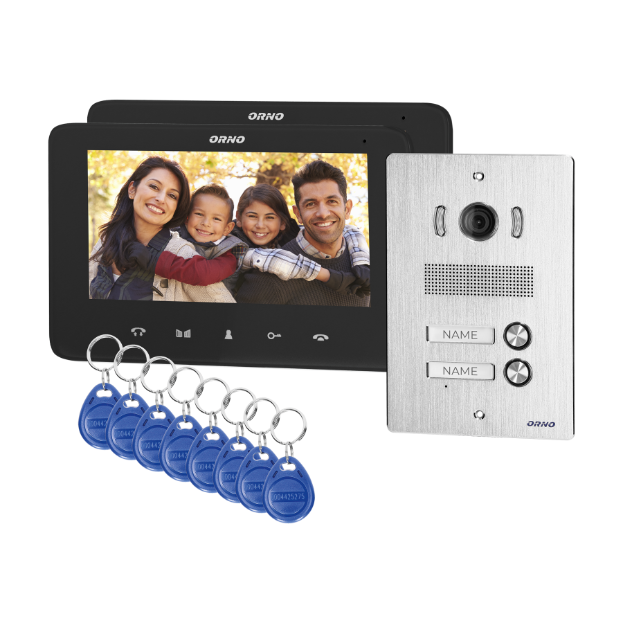  Two-family video doorphone set, handset-free with multicolor 7" LCD screen, proximity tags reader and intercom function,...