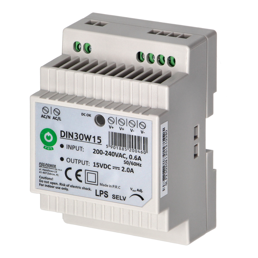 DIN rail power supply, 15VDC, 2.0A