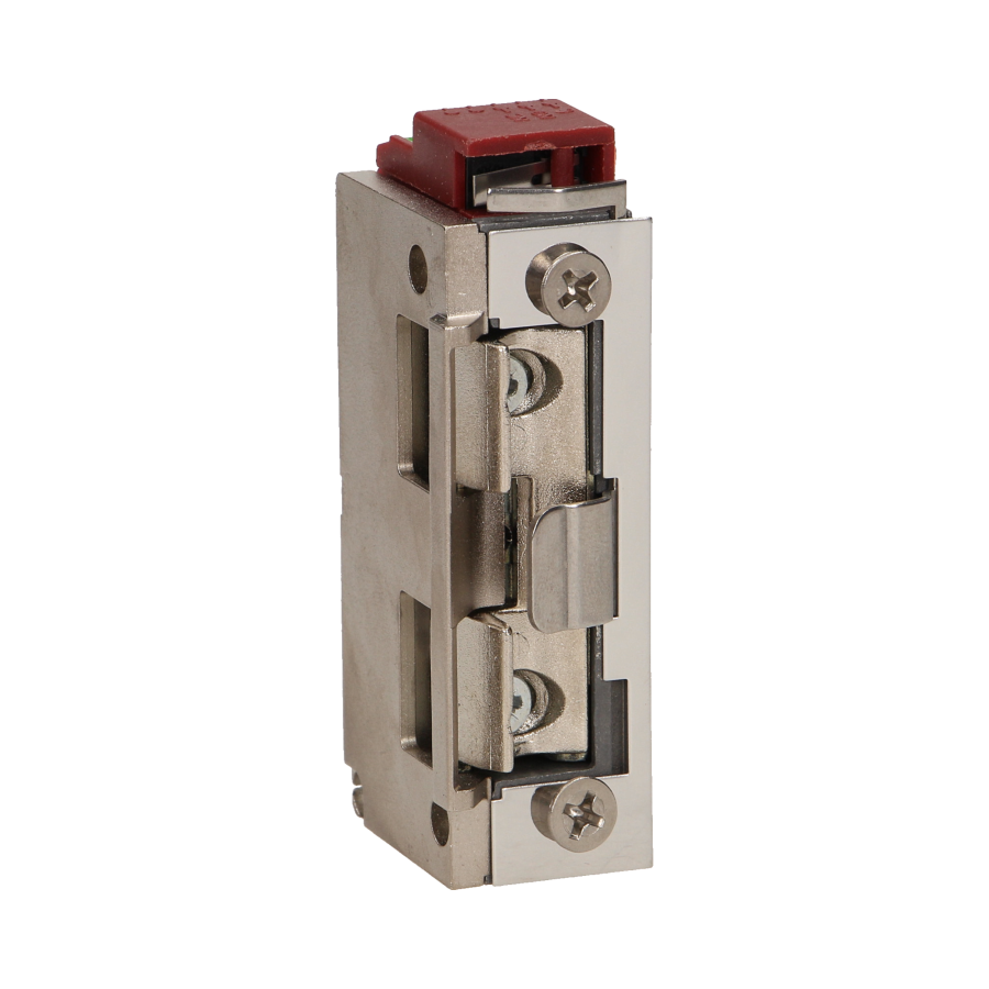 Electric strike with latch guide and unclosed door signalling, reversible, MINI, low current coil