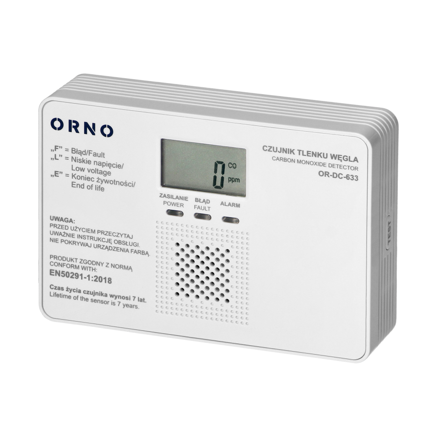 Battery-operated carbon monoxide sensor, 9V, 7-year service life, EN 50291-1: 2018 compliant, tested in Poland