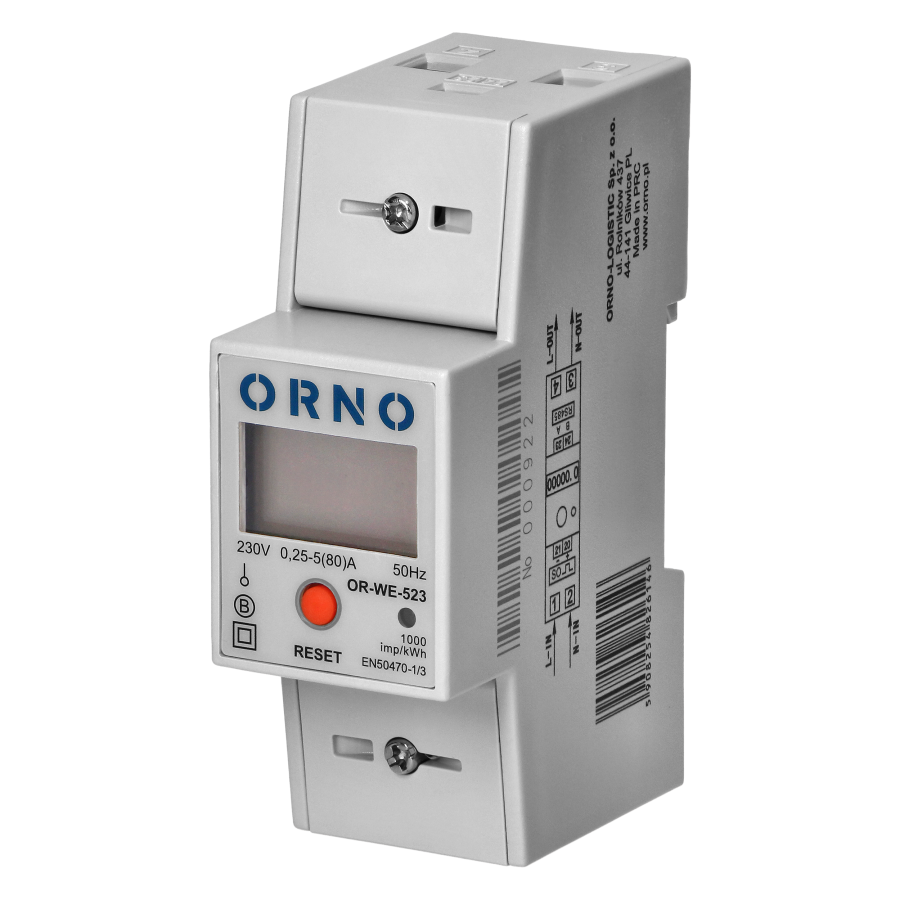 1-phase electricity consumption meter, 80A, MID, additional counter, pulse output, RESET button, 2 modules, RS-485