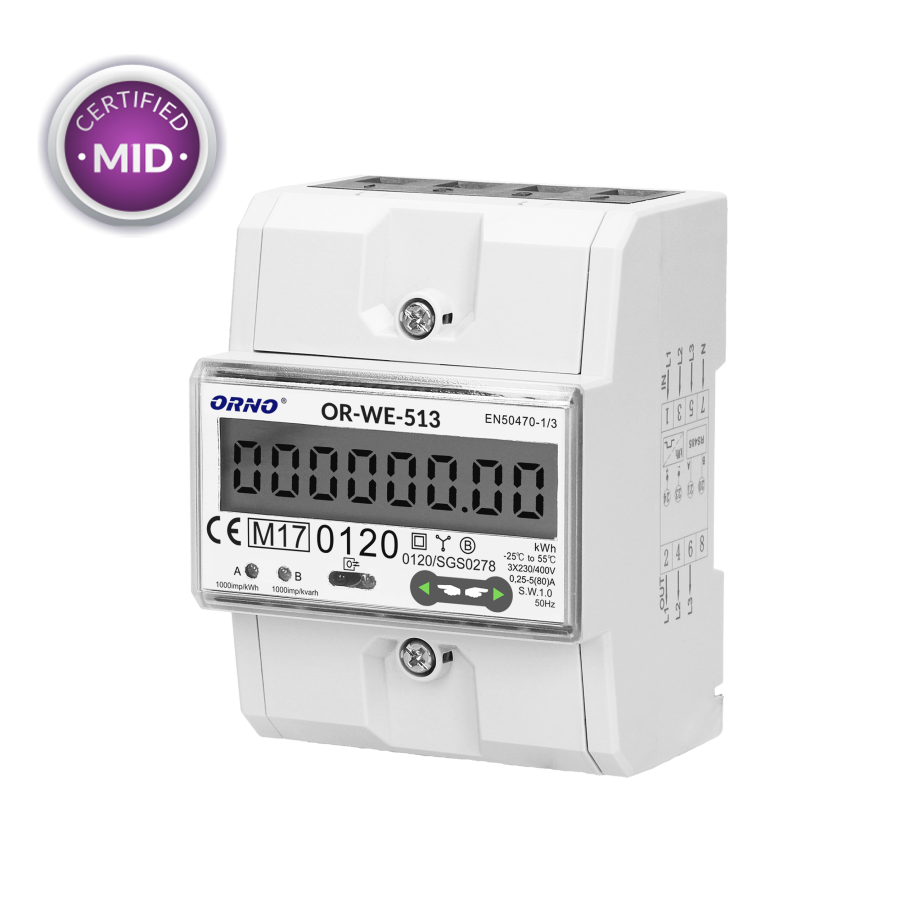 3-phase energy meter, 80A, MID, 4,5 modules, DIN TH-35mm