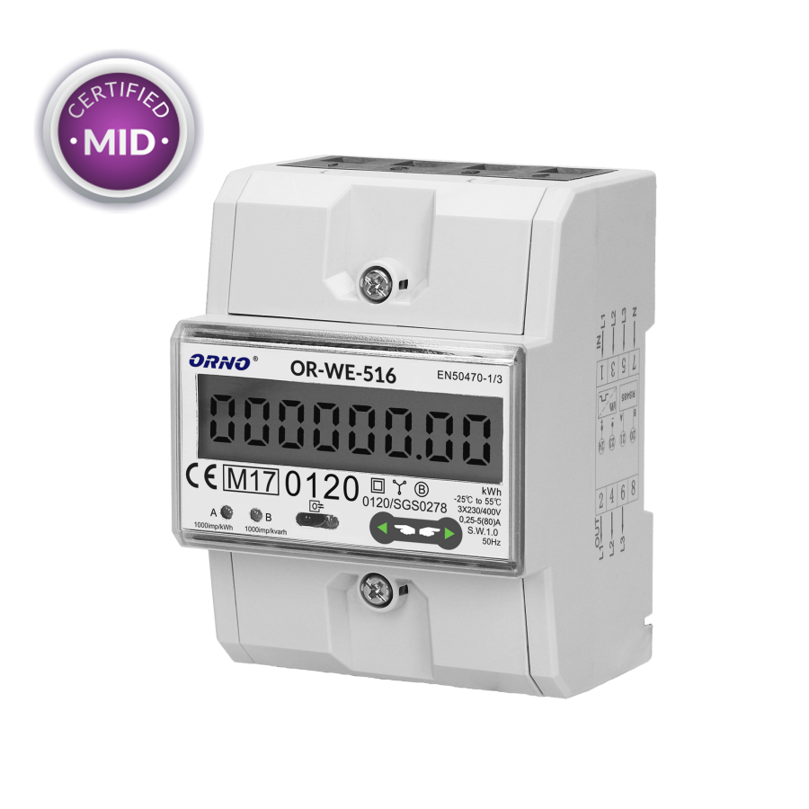 3-phase energy meter with RS-485, 80A, MID, 4,5 modules, DIN TH-35mm