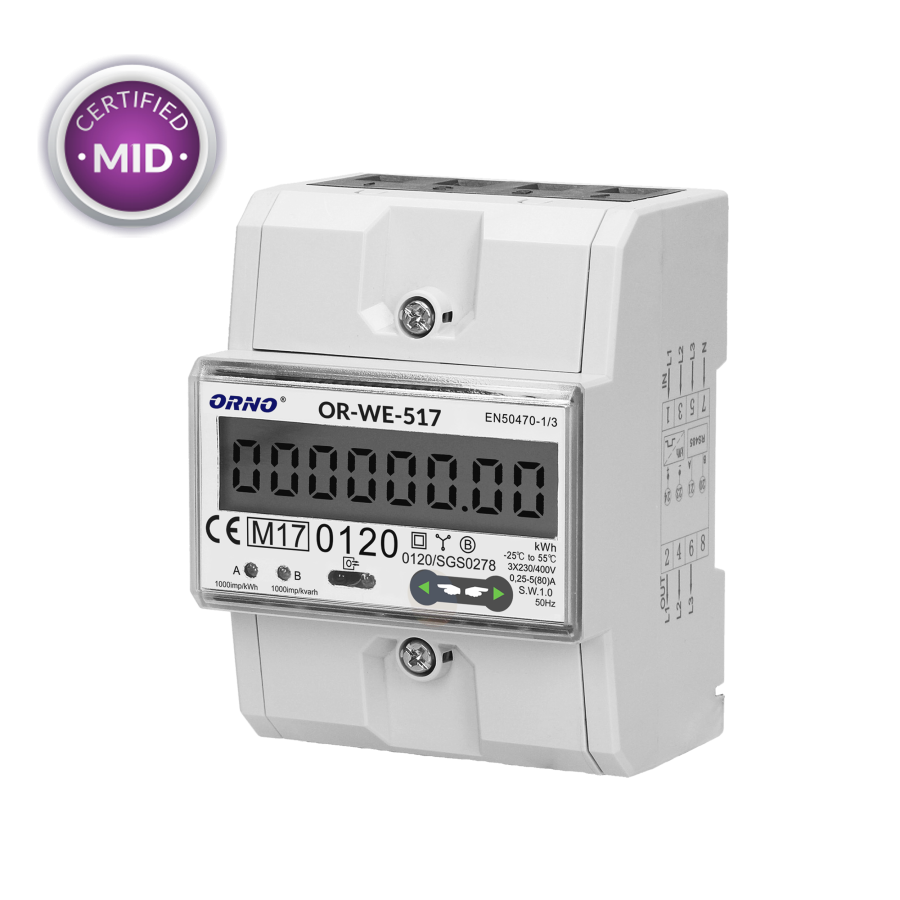 3-phase multi-tariff energy meter with RS-485, 80A. 4,5 modules, DIN TH-35mm