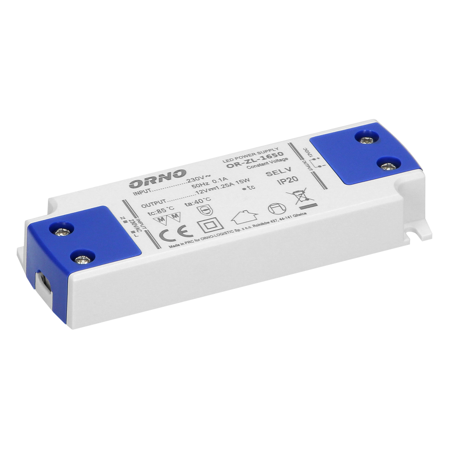 Flat power adaptor for LED, 12VDC 15W, IP20, height: 16.5mm