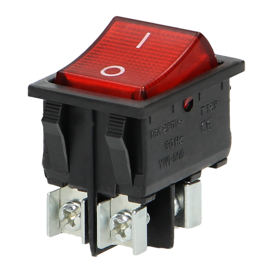 Illuminated rocker switch, red push button, black housing