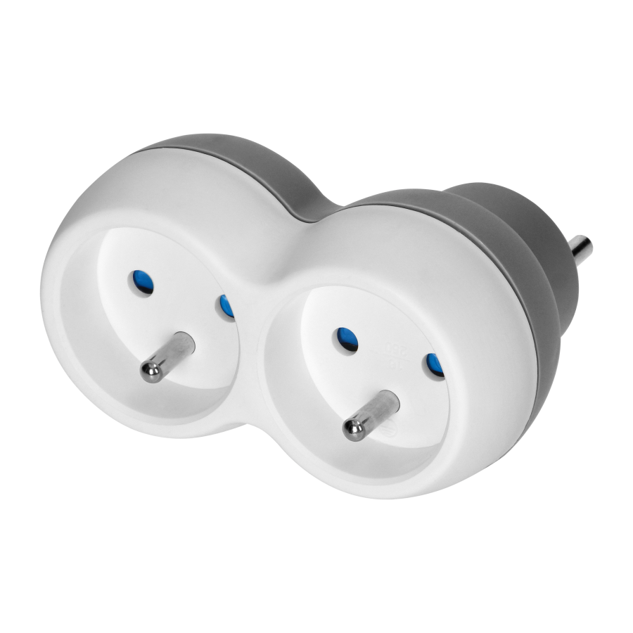 Power socket splitter 2x2P+E, white-grey