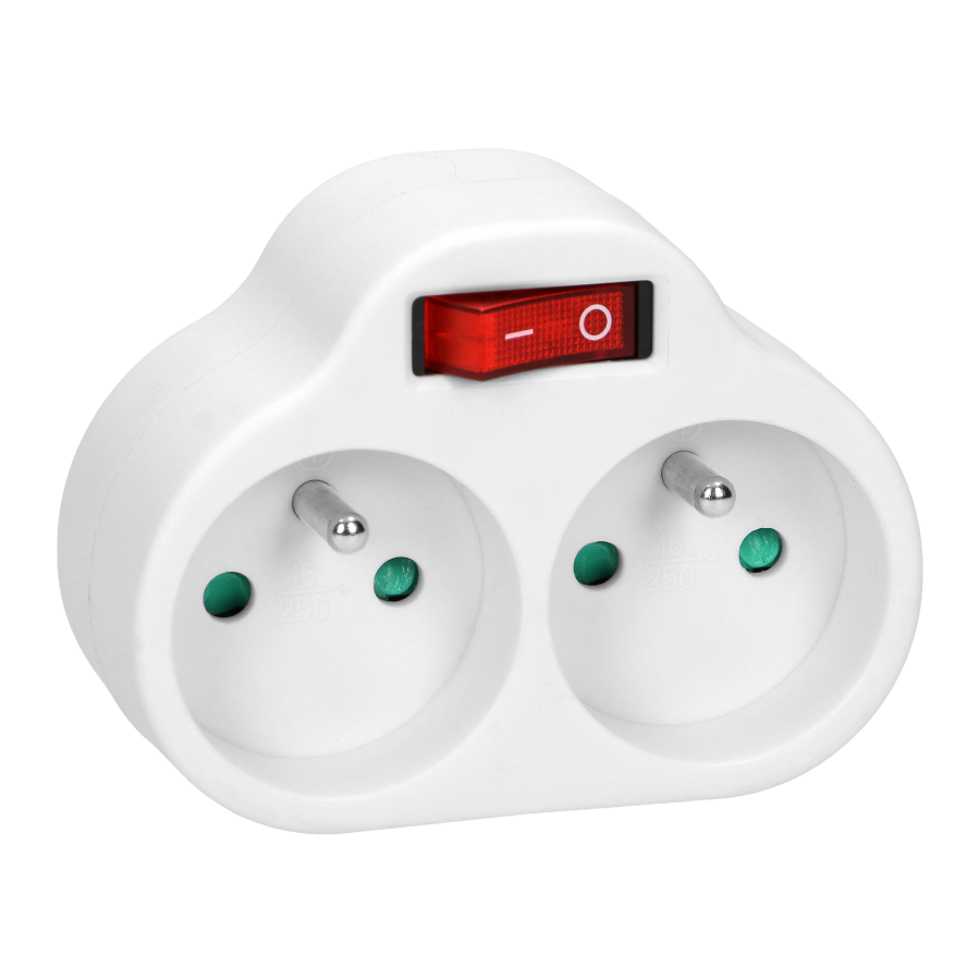 Power splitter with 2 round sockets and a central switch, white