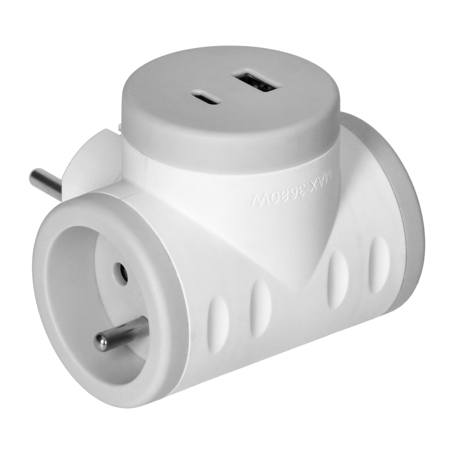 Socket splitter 2P+E with 2xUSB charger, Quickcharge, white-gray