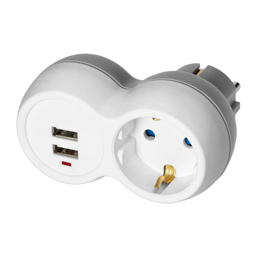 Power socket splitter 2x2P+E (Schuko) with 2xUSB charger, white-grey