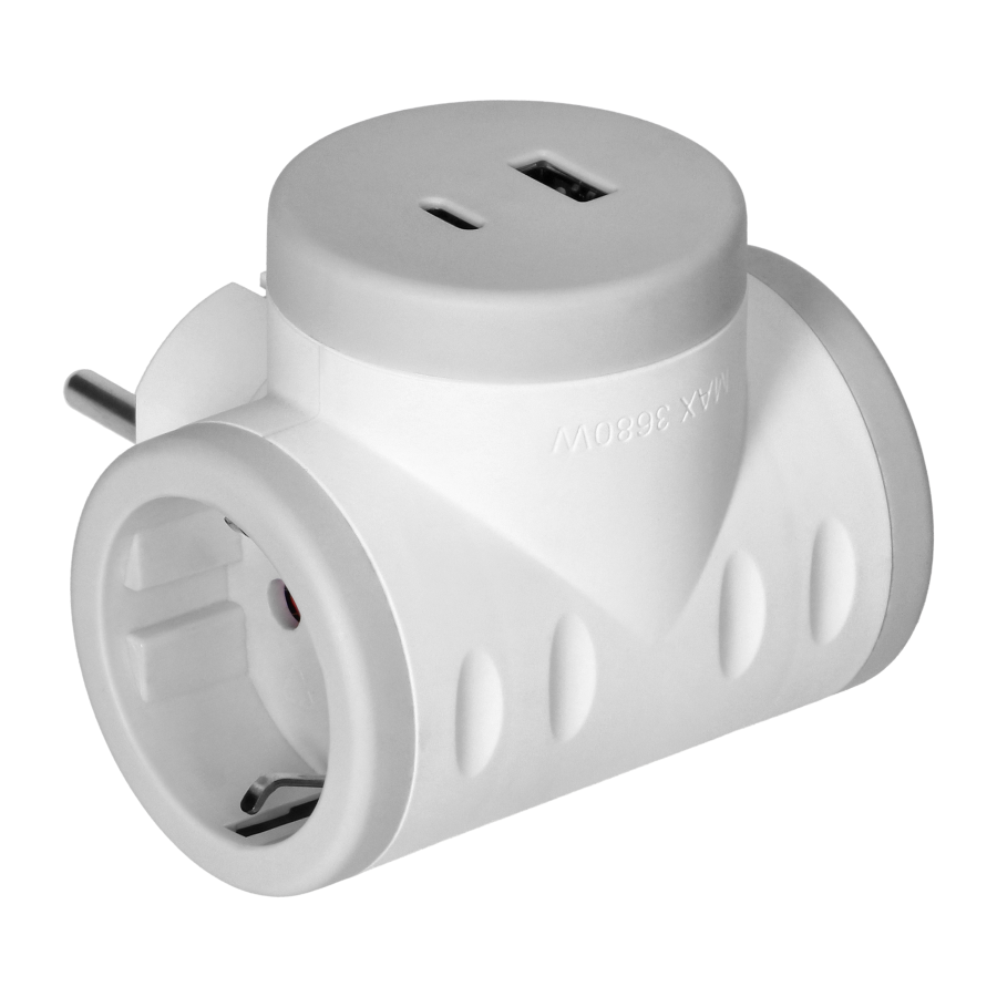 Rozgałęźnik 2P+Z (Schuko) z ładowarką 2xUSB,  szybkie ładowanie, biało-szary