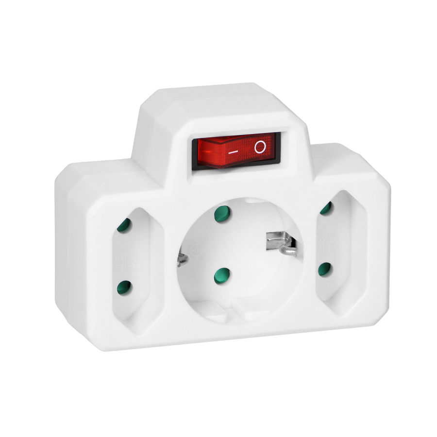 Electrical splitter with central switch, 1x2P+E Schuko, 2x2P/II, white