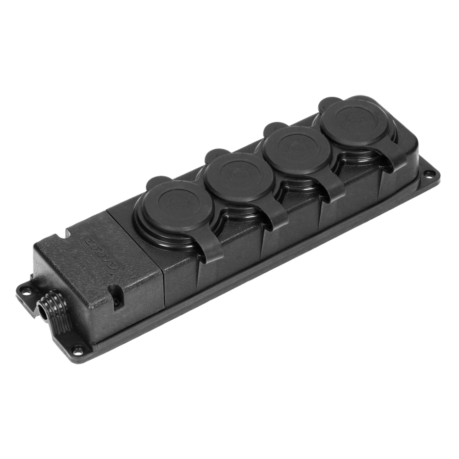 Heavy-duty extension socket, rubber, IP44, 4 sockets, flame-resistant casing