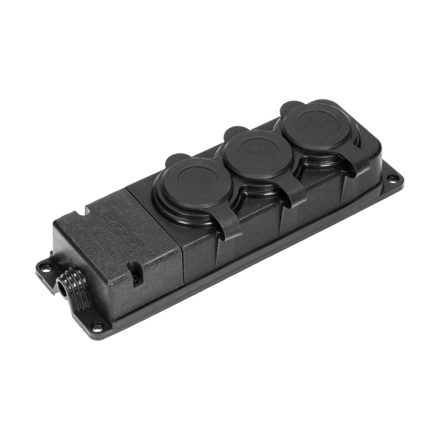 Heavy-duty extension socket, rubber, IP44, 3 schuko sockets, flame-resistant casing